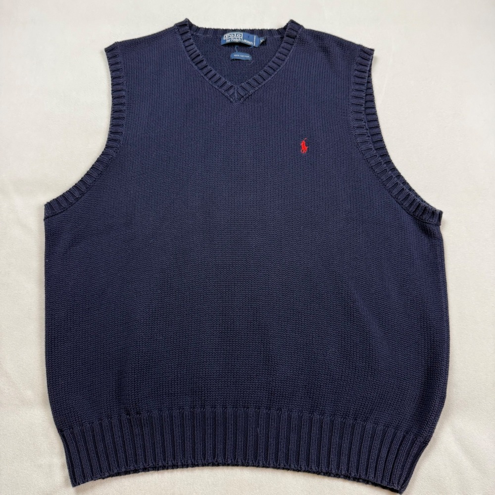 Polo Ralph Lauren Mens XL Navy Blue Cotton V-Neck Knit Sweater Vest Red Pony